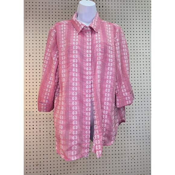 Allison Daily Button Down Shirt Women Size 10 Red White Front Pockets 3/4 Sleeve - Picture 1 of 8